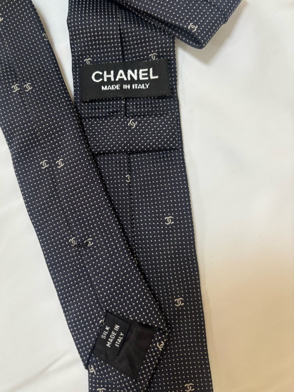 CHANEL Navy and White Microdot Silk Tie with Logo Motif